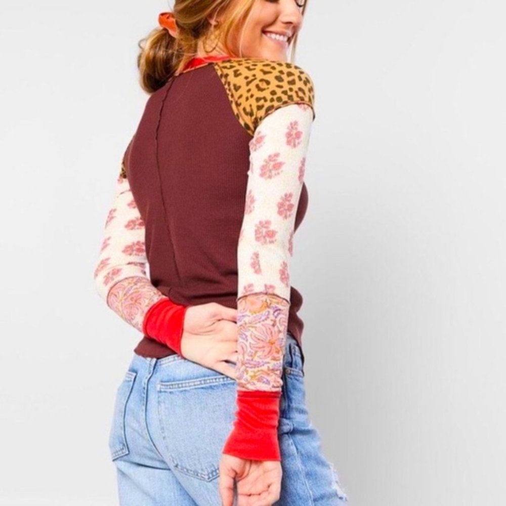 Free People We the Free Bright Side Thermal Patchwork Pullover in Vino Combo MED